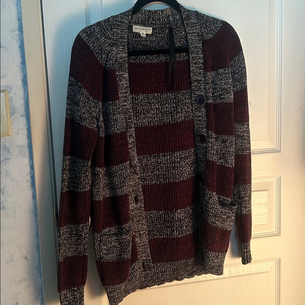 Poof Excellence Maroon and Gray Striped Shawl Cardigan - Picture 4 of 4